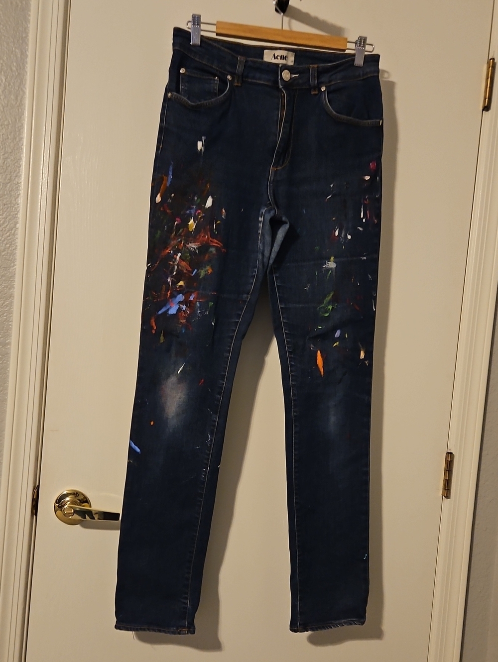 Acne Dark Blue Skinny Jeans with Multicolor Paint Splatter